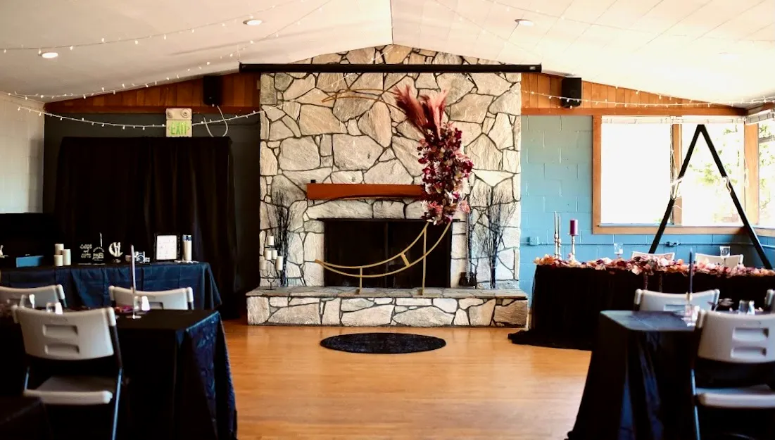 View of the main hall set up for a wedding