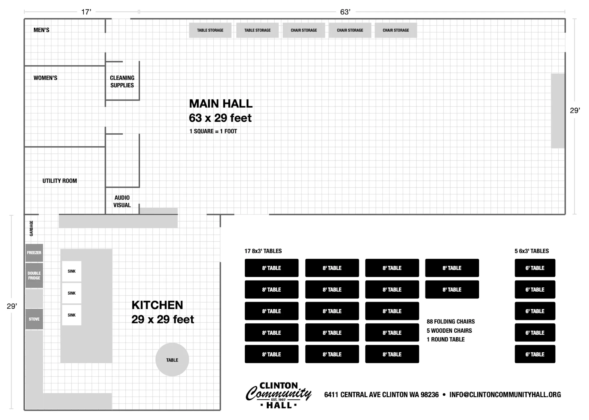 Hall layout diagram showing table sizes and arrangements, drawn to scale