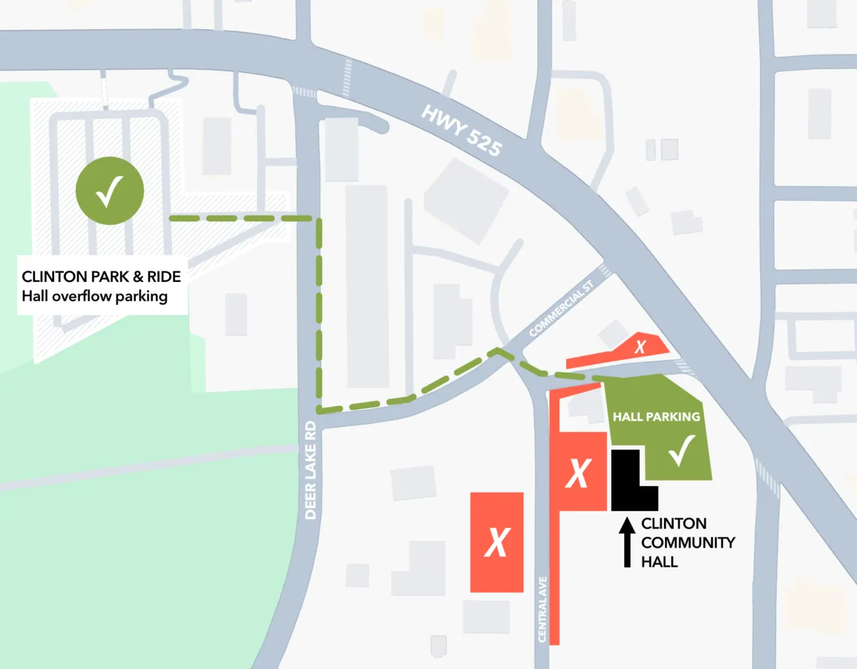 Map of parking at and near the Hall, including the Clinton Park & Ride overflow lot