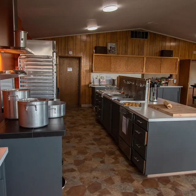 Commercial kitchen with prep tables