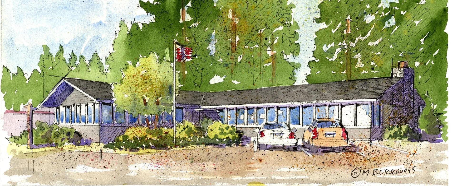 Watercolor painting of Clinton Community Hall