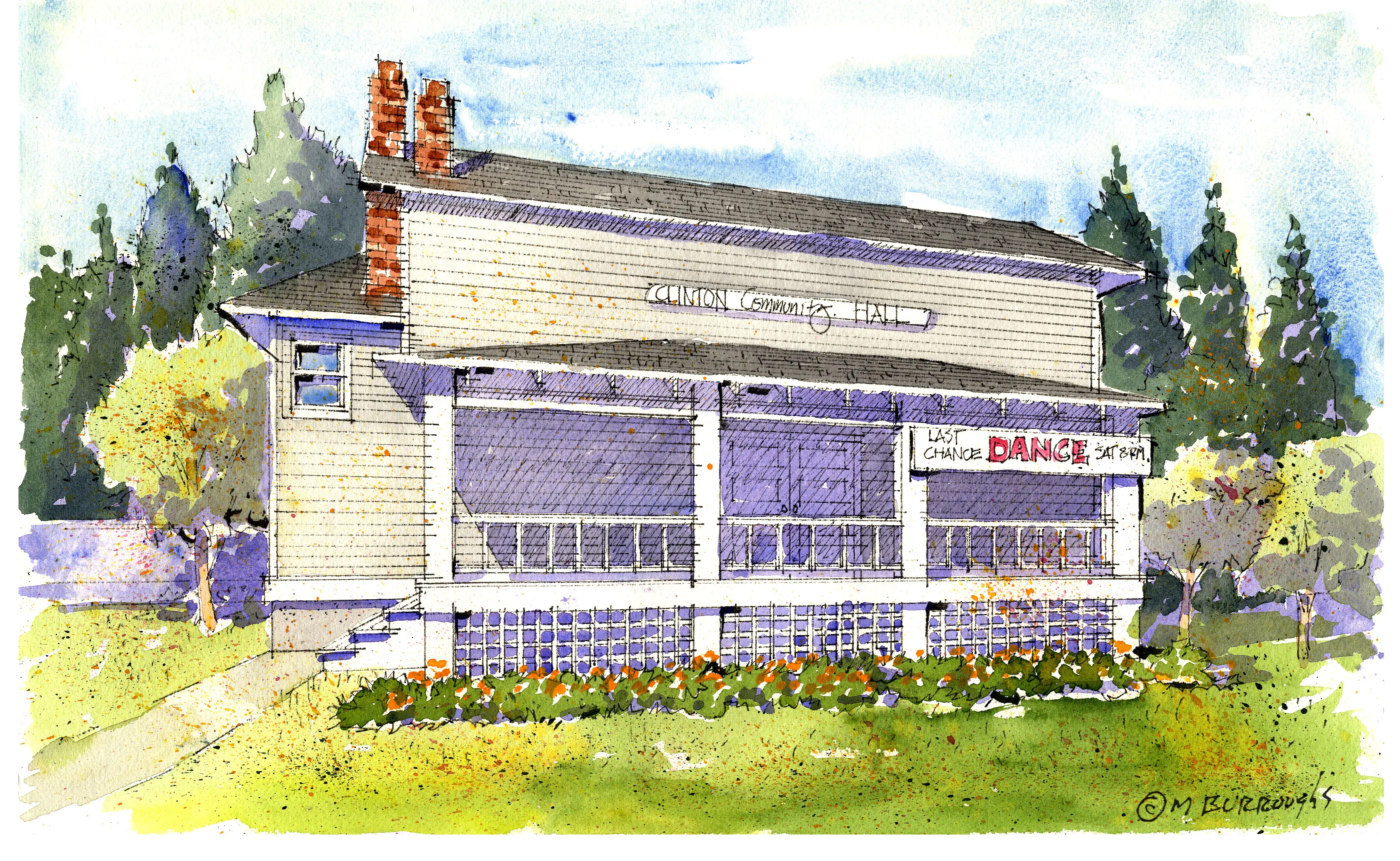 Watercolor painting of the original Clinton Community Hall